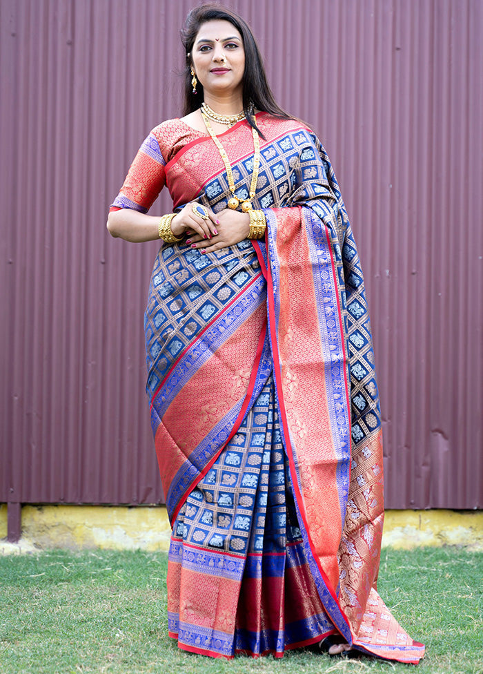 Blue Dupion Silk Saree With Blouse Piece