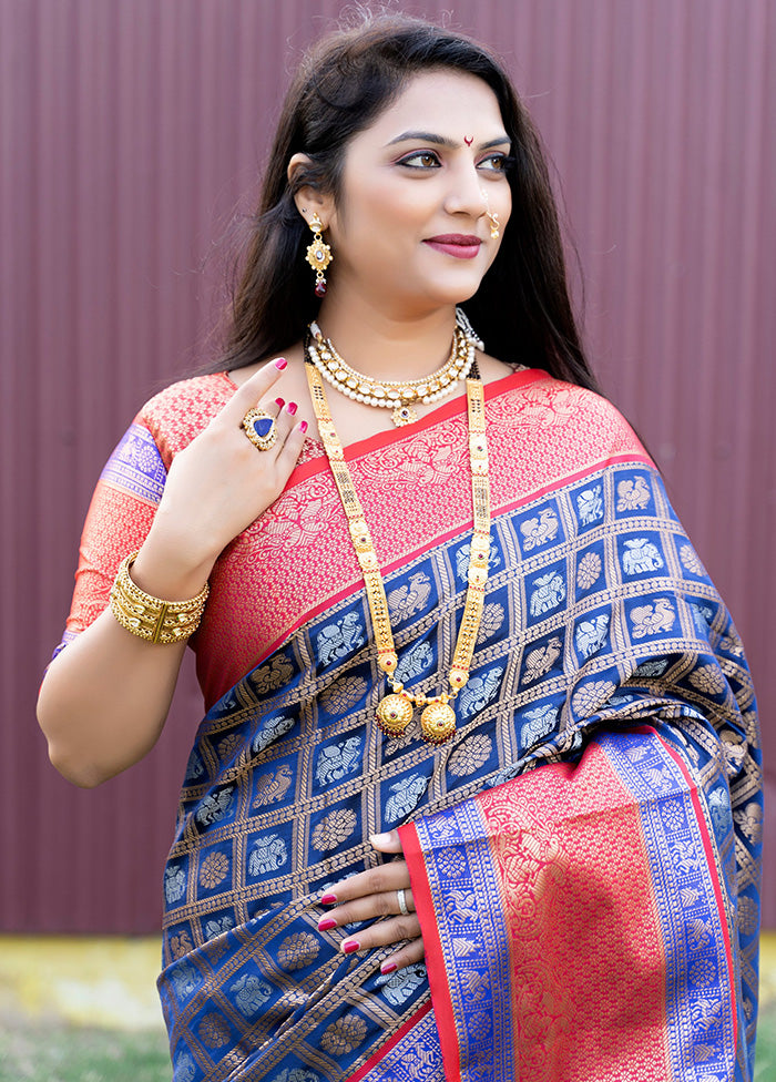 Blue Dupion Silk Saree With Blouse Piece