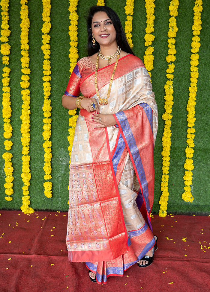 Off White Dupion Silk Saree With Blouse Piece