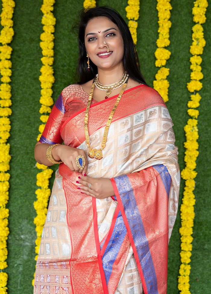 Off White Dupion Silk Saree With Blouse Piece