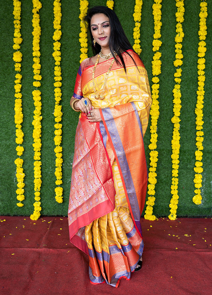 Yellow Dupion Silk Saree With Blouse Piece