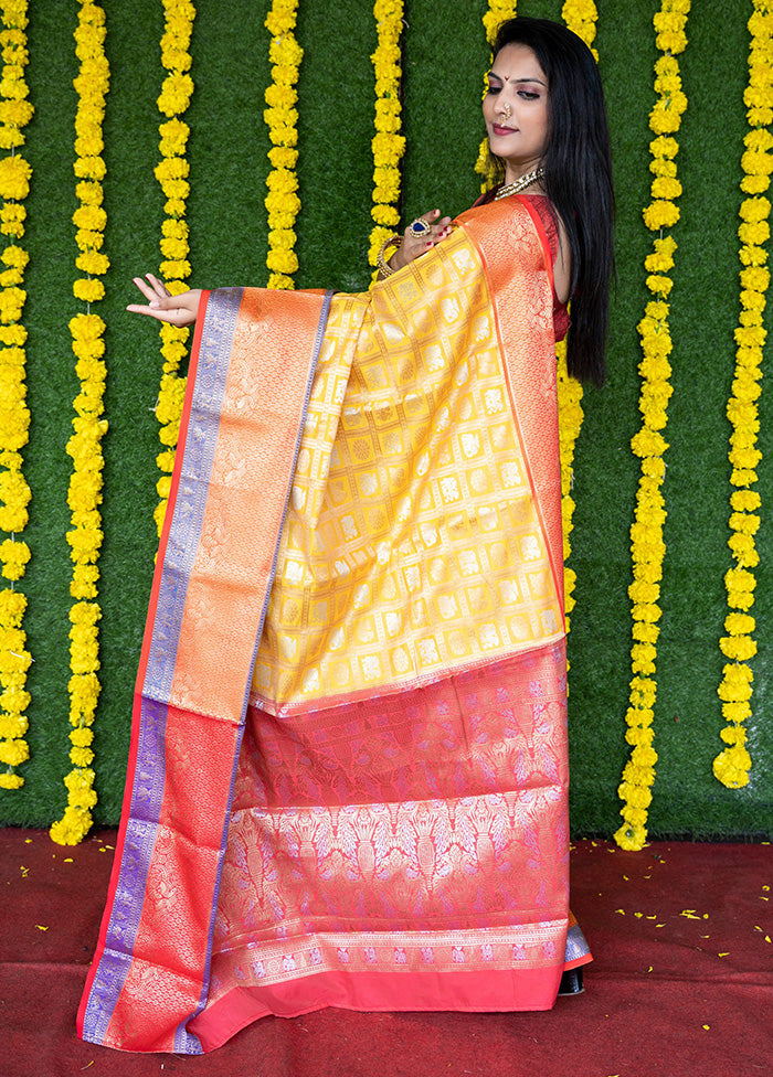 Yellow Dupion Silk Saree With Blouse Piece