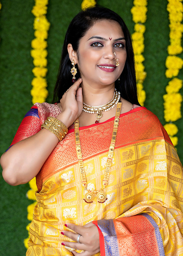 Yellow Dupion Silk Saree With Blouse Piece