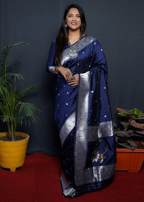 Navy Blue Dupion Silk Saree With Blouse Piece