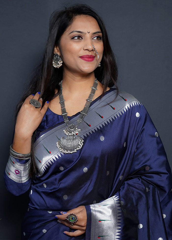 Navy Blue Dupion Silk Saree With Blouse Piece