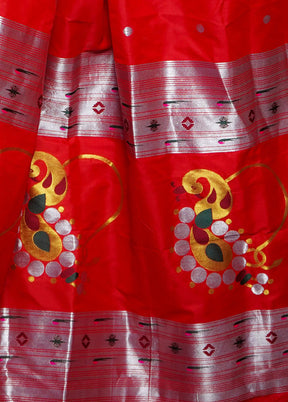 Red Dupion Silk Saree With Blouse Piece