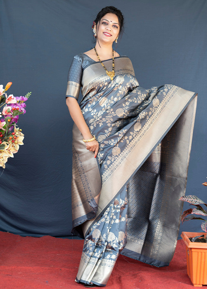 Grey Dupion Silk Saree With Blouse Piece