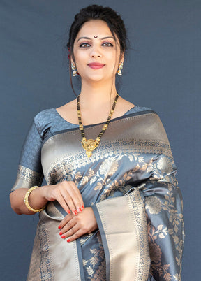 Grey Dupion Silk Saree With Blouse Piece