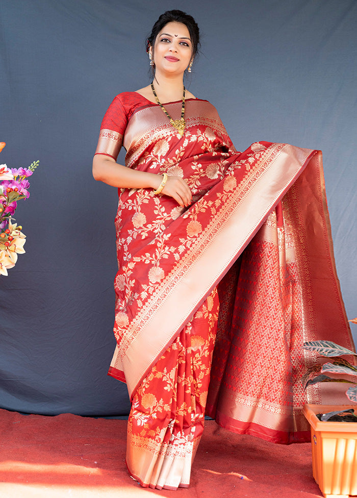 Red Dupion Silk Saree With Blouse Piece