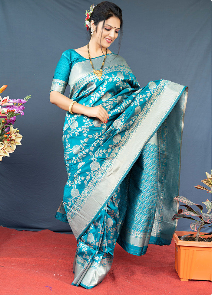 Teal Dupion Silk Saree With Blouse Piece