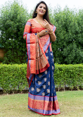 Navy Blue Dupion Silk Saree With Blouse Piece