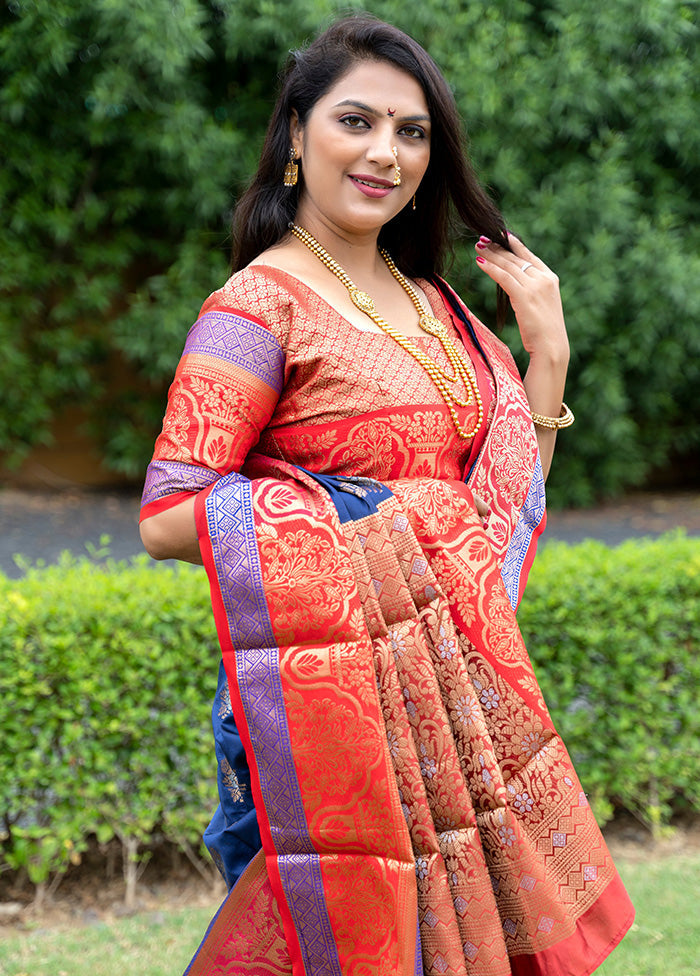 Navy Blue Dupion Silk Saree With Blouse Piece