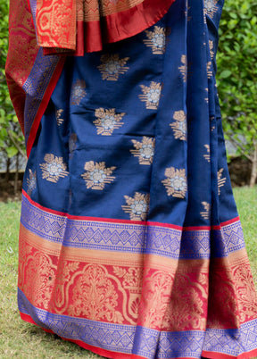 Navy Blue Dupion Silk Saree With Blouse Piece