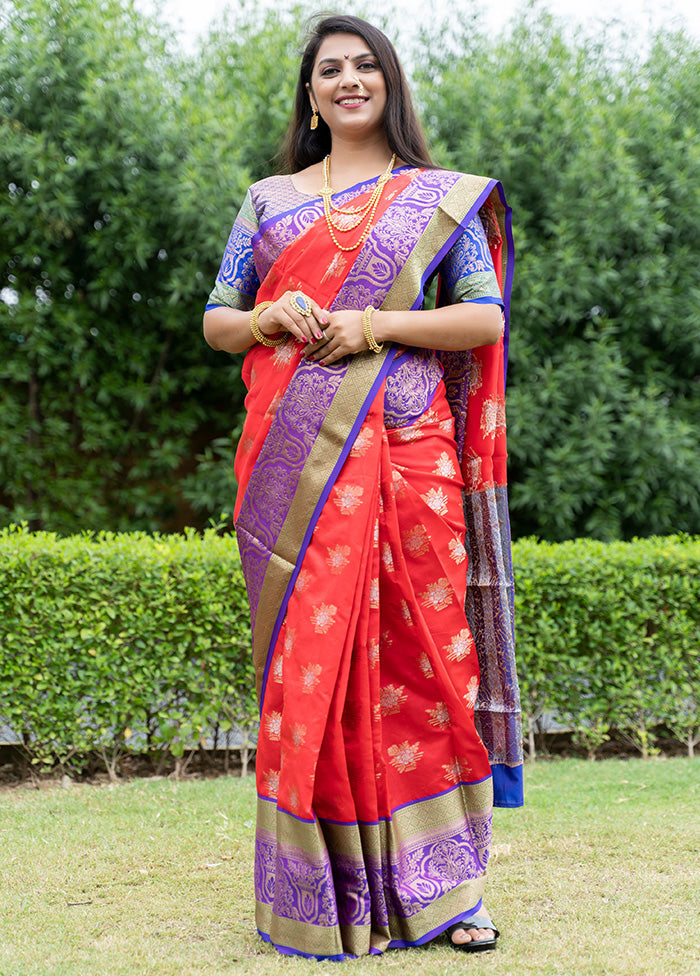 Red Dupion Silk Saree With Blouse Piece