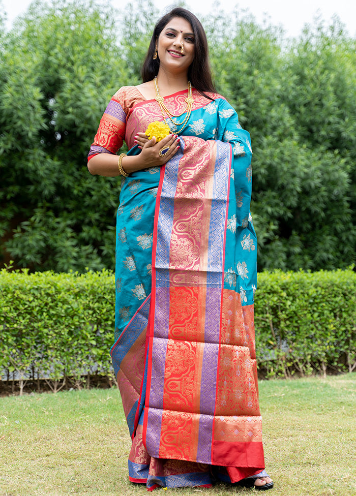 Teal Dupion Silk Saree With Blouse Piece