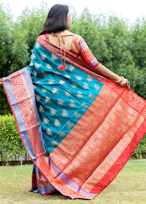 Teal Dupion Silk Saree With Blouse Piece