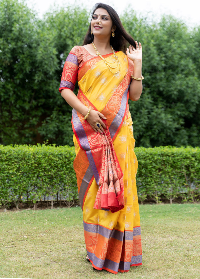 Yellow Dupion Silk Saree With Blouse Piece