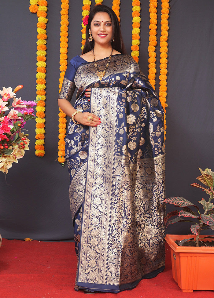 Navy Blue Dupion Silk Saree With Blouse Piece