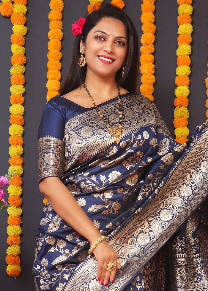 Navy Blue Dupion Silk Saree With Blouse Piece