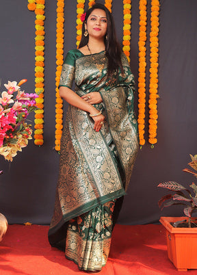 Bottle Green Dupion Silk Saree With Blouse Piece