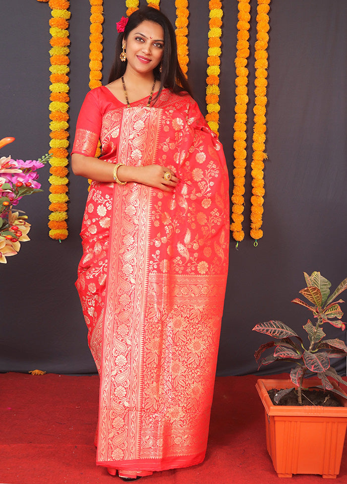 Red Dupion Silk Saree With Blouse Piece