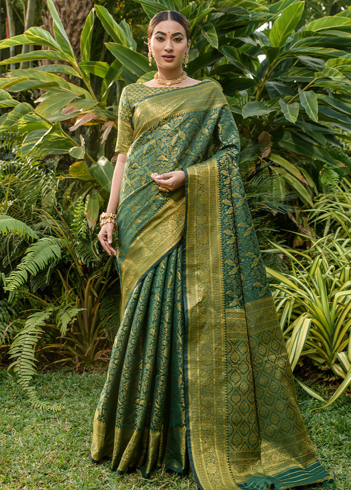 Bottle Green Dupion Silk Saree With Blouse Piece