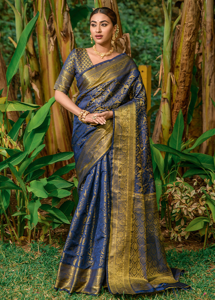 Navy Blue Dupion Silk Saree With Blouse Piece