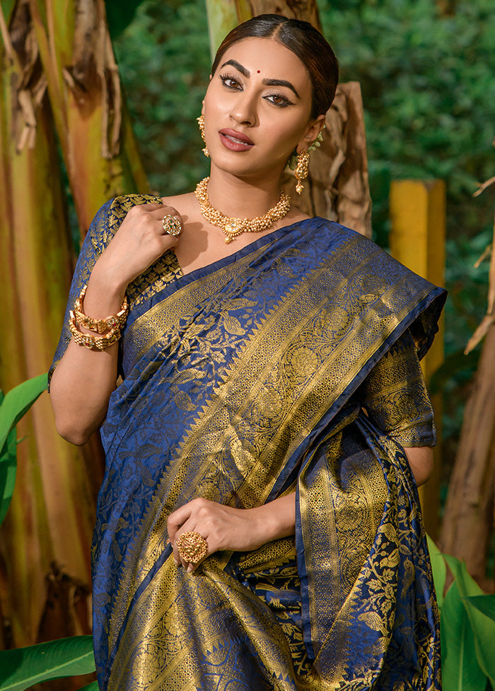 Navy Blue Dupion Silk Saree With Blouse Piece