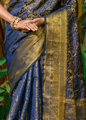 Navy Blue Dupion Silk Saree With Blouse Piece