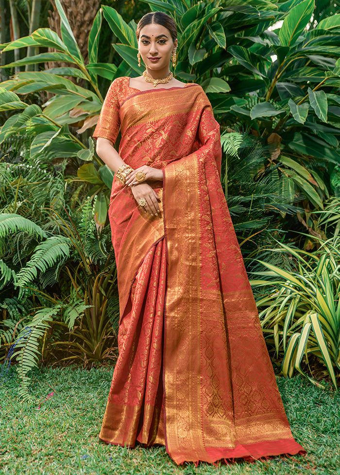 Red Dupion Silk Saree With Blouse Piece