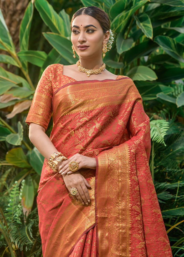 Red Dupion Silk Saree With Blouse Piece