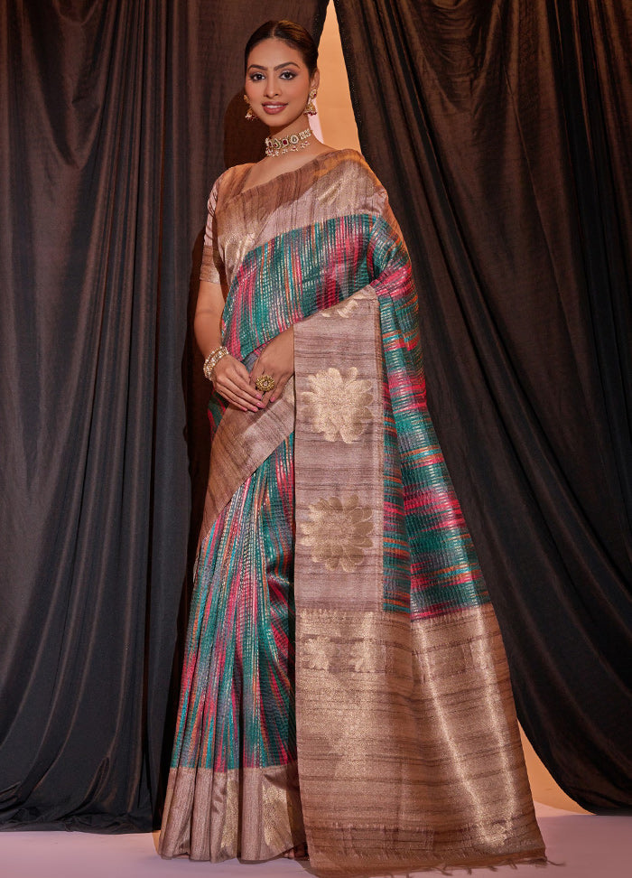 Teal Dupion Silk Saree With Blouse Piece