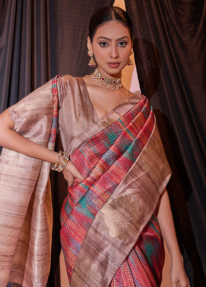 Red Dupion Silk Saree With Blouse Piece