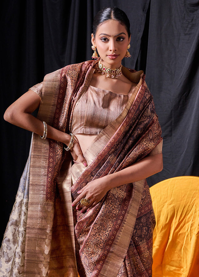 Coffee Dupion Silk Saree With Blouse Piece