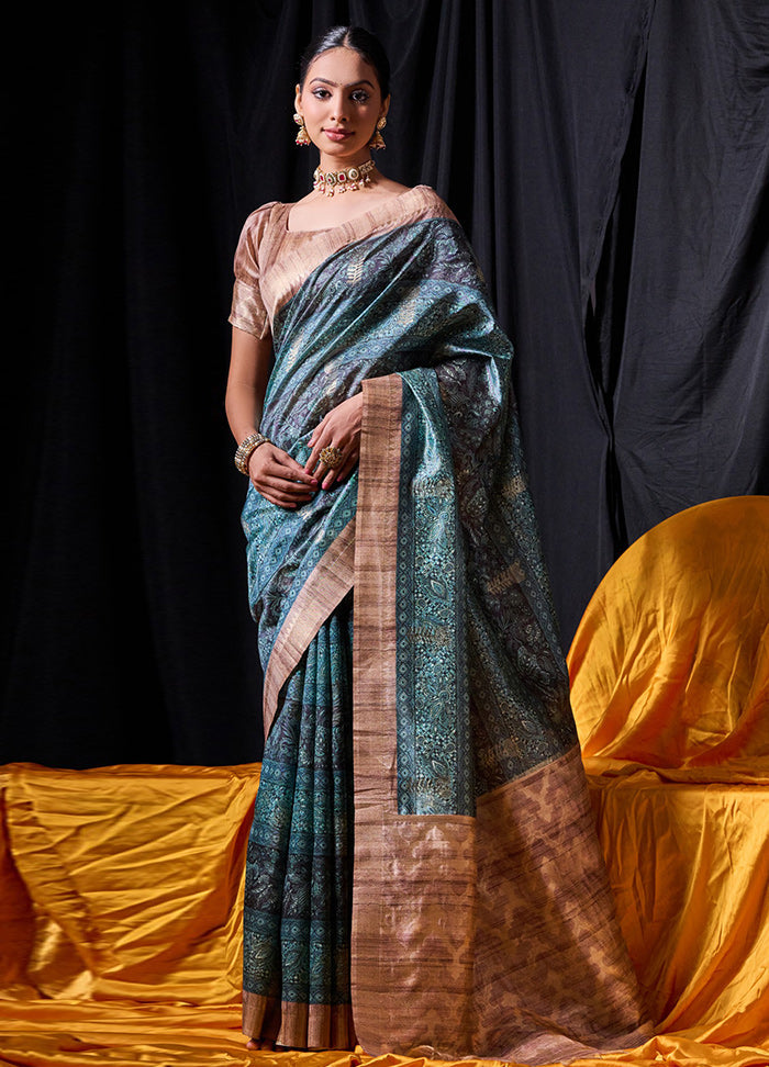 Teal Dupion Silk Saree With Blouse Piece