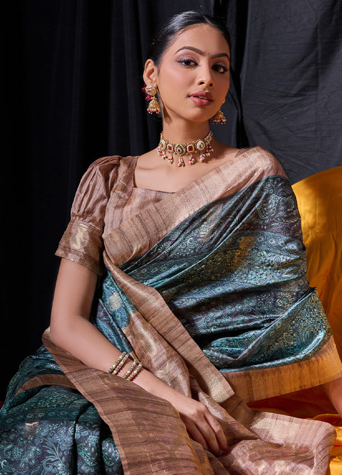 Teal Dupion Silk Saree With Blouse Piece