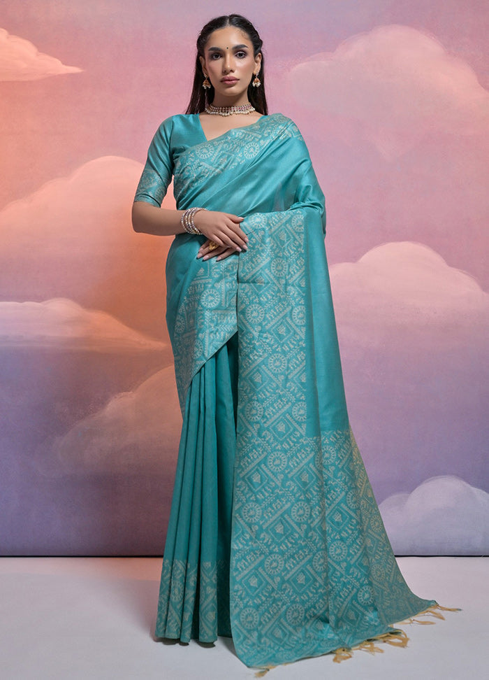 Turquoise Dupion Silk Saree With Blouse Piece