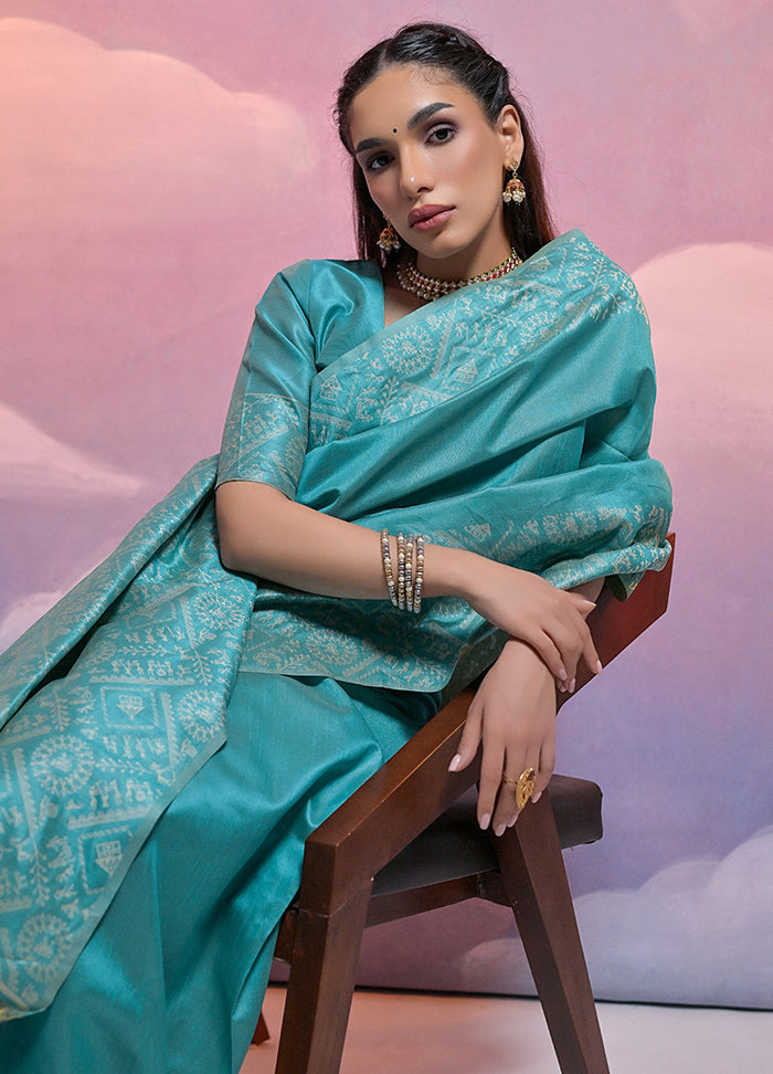 Turquoise Dupion Silk Saree With Blouse Piece