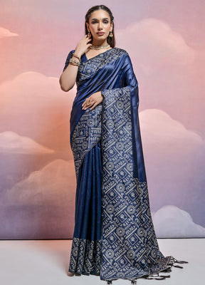 Navy Blue Dupion Silk Saree With Blouse Piece