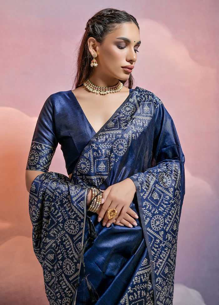 Navy Blue Dupion Silk Saree With Blouse Piece