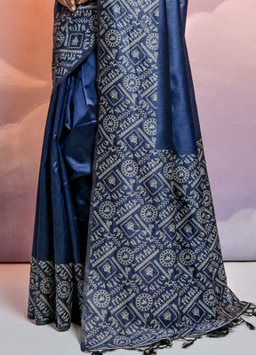 Navy Blue Dupion Silk Saree With Blouse Piece