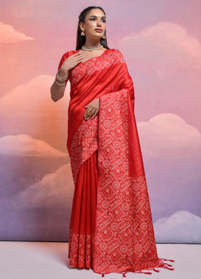 Red Dupion Silk Saree With Blouse Piece