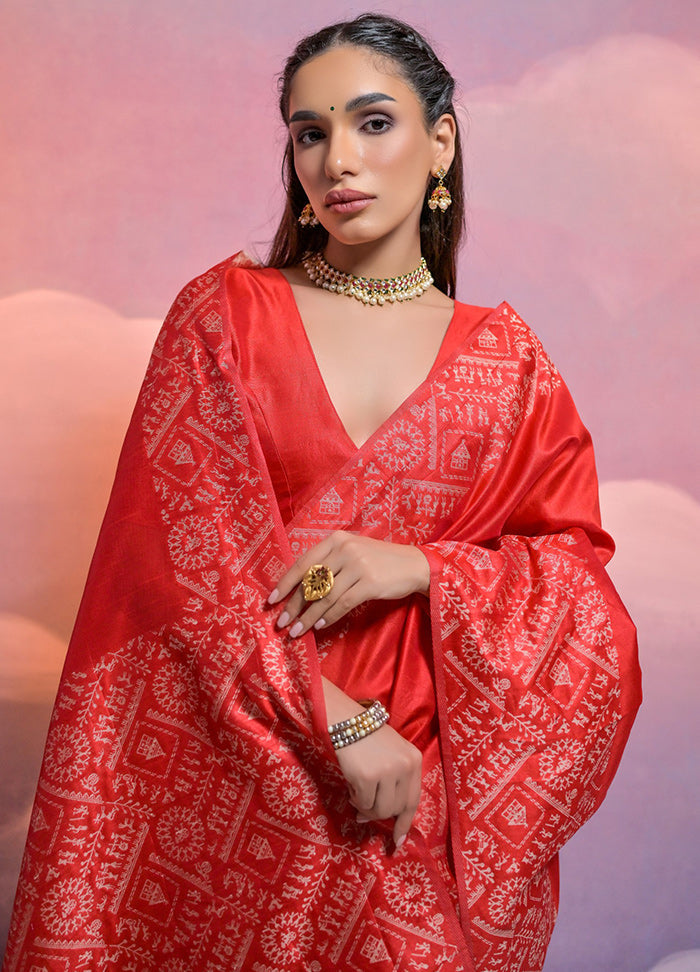 Red Dupion Silk Saree With Blouse Piece