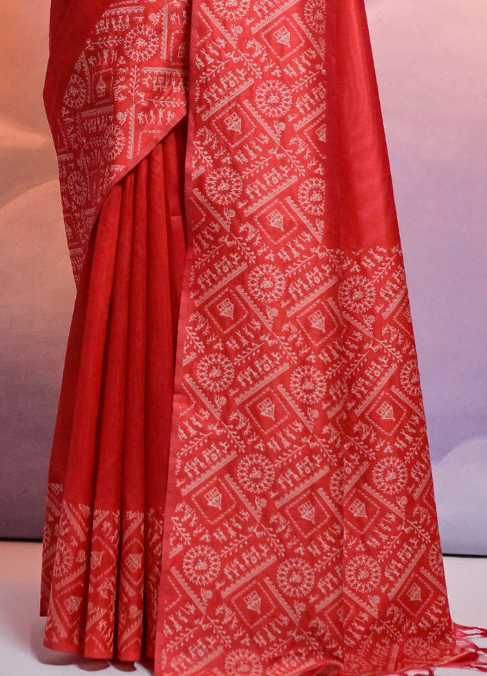 Red Dupion Silk Saree With Blouse Piece