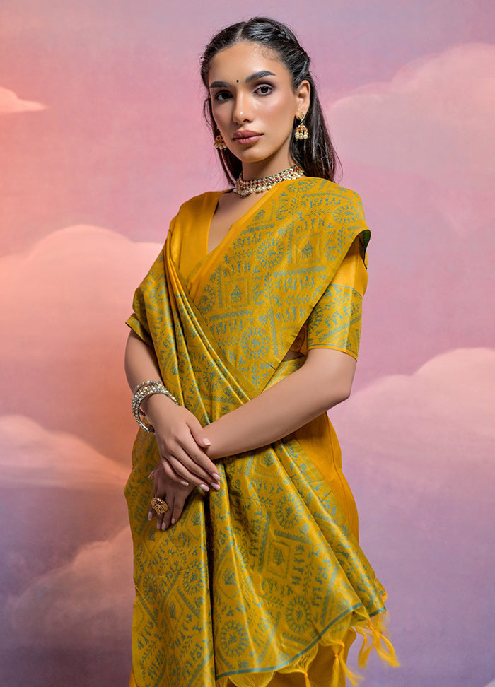 Yellow Dupion Silk Saree With Blouse Piece