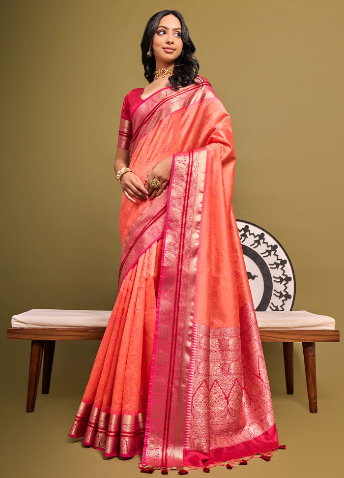 Peach Dupion Silk Saree With Blouse Piece