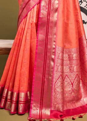 Peach Dupion Silk Saree With Blouse Piece