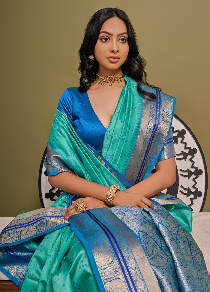 Turquoise Dupion Silk Saree With Blouse Piece