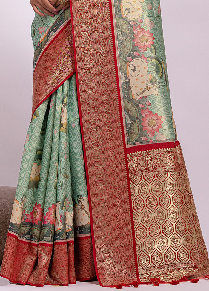 Pista Green Dupion Silk Saree With Blouse Piece