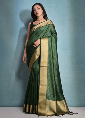 Bottle Green Dupion Silk Saree With Blouse Piece